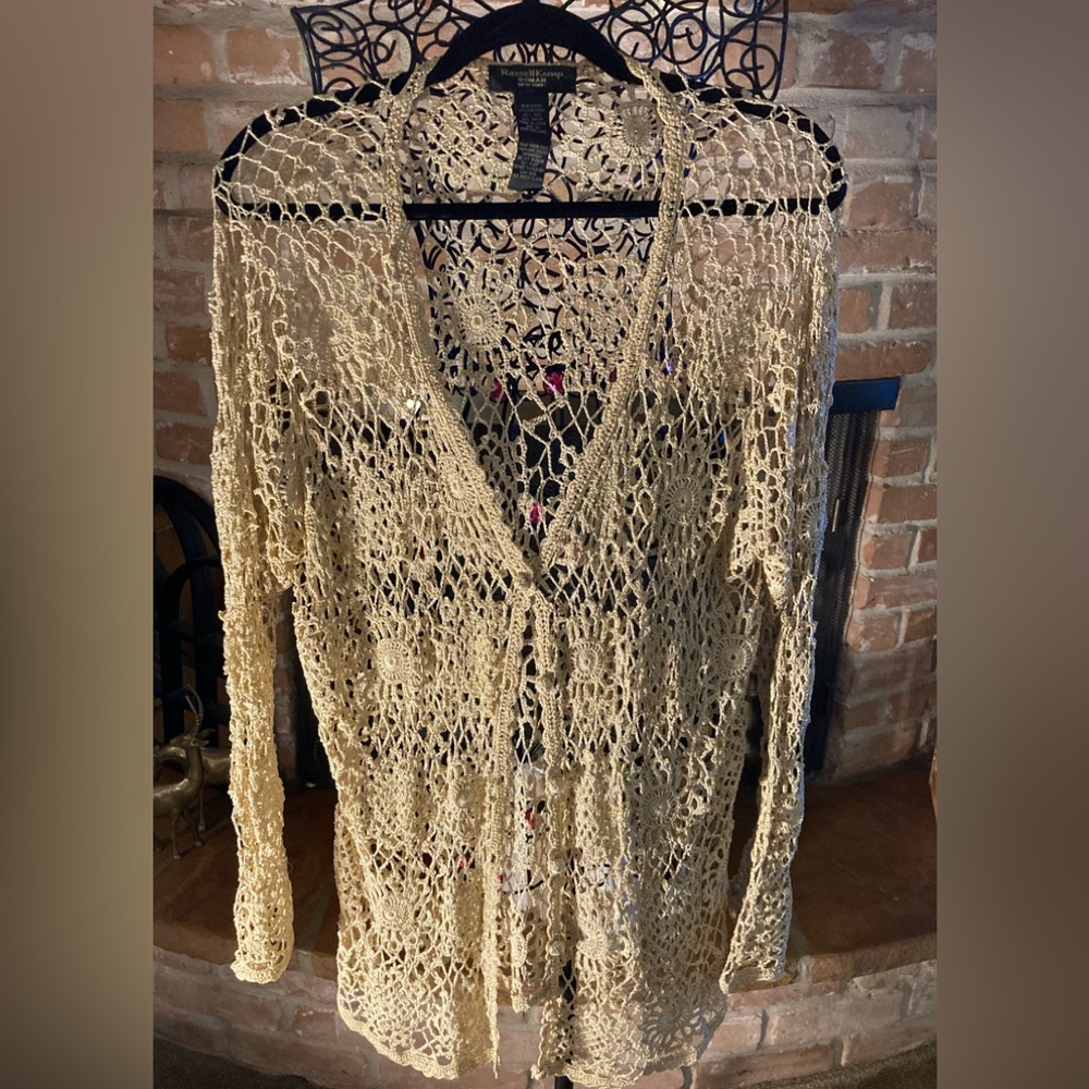 Russell Kemp Woman Vintage Gold w/Golden Threads Crochet Lace Cardigan